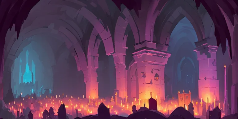 A Dark Cavernous Cave Cathedral Lit By Torches And Sconces W...