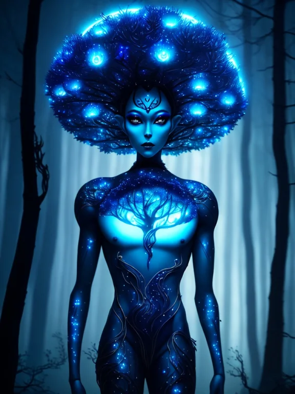 Retrofuturism Style, Mysterious Dark Forest A Thin Doll Like...