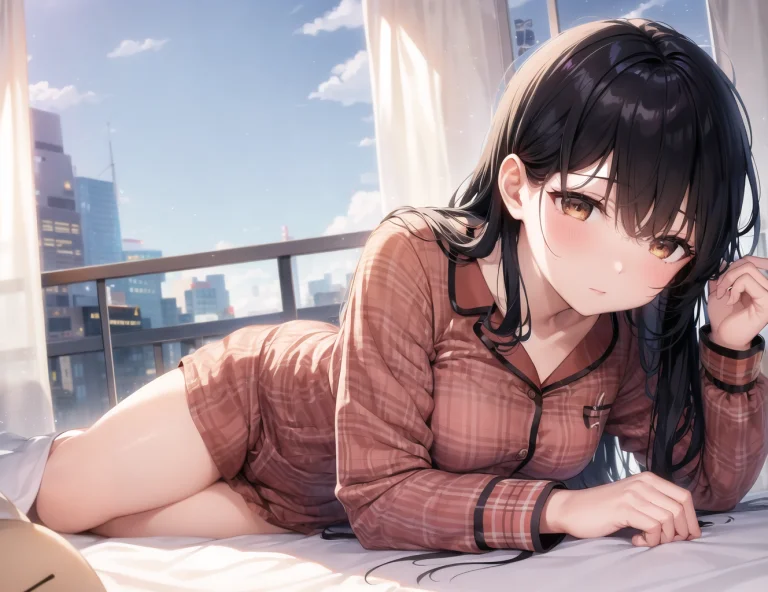 One Girl, Black Hair, Brown Eyes, Bed, Sleeping, Side View,...