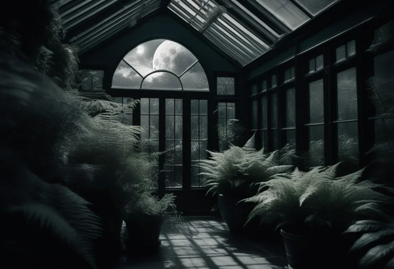 A Victorian Glasshouse Conservatory Full Of Ferns, Soft Wind...