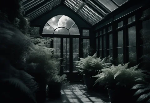 A Victorian Glasshouse Conservatory Full Of Ferns, Soft Wind... — SDXL AI Prompt: a Victorian glasshouse conservatory full of ferns, soft window light, duotone, u...