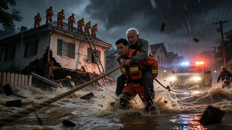 3d, Oil Painting, A Male Rescuer Wades Through Raging Floodw...