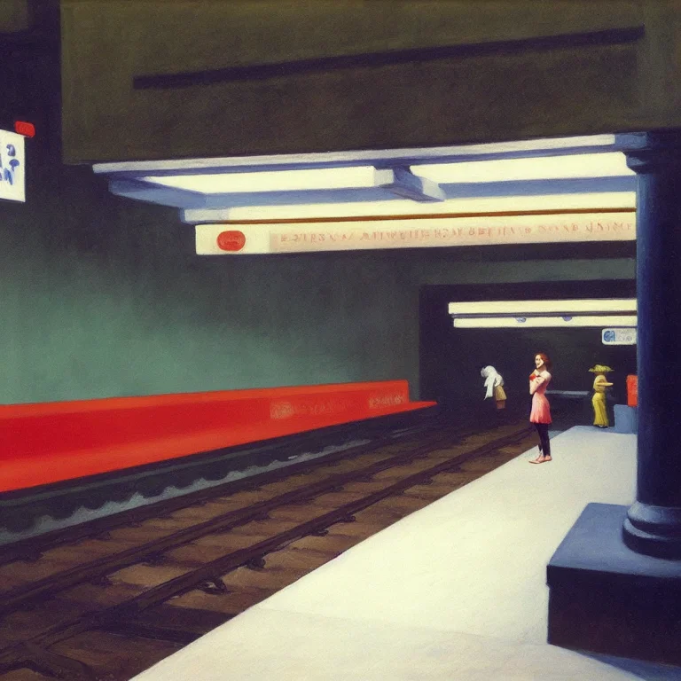 A Painting Of A Woman Standing On A Subway Platform At A Sub...