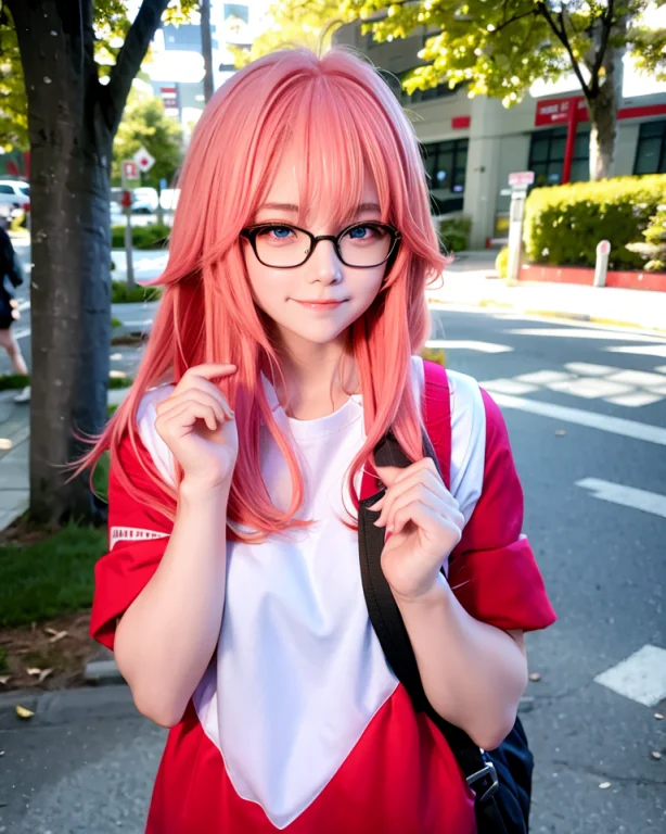 College Girl,glasses,outdoor,holding School Bag