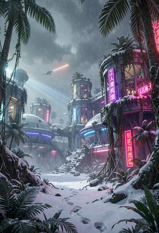A Jungle Reclaiming The Ruins Of A Space Colony, Neon Lighti...