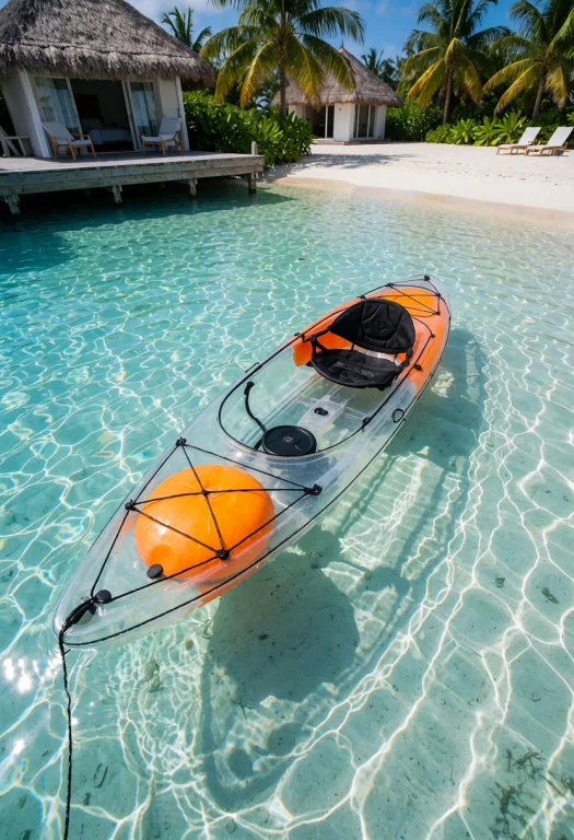 Frutiger Aero, A Clear Kayak Floating On Perfectly Transpare...