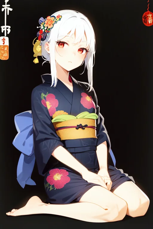 Loraohara Koson1, Ohara Koson, Black Background, 1girl, Whit...