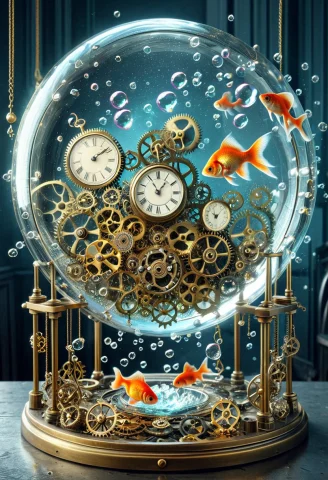 Clockstyle, Clockstyle, Photorealistic, A Round Fishbowl On... — Stable Diffusion AI Prompt: clock_style, Clock_Style, photorealistic, a round fishbowl on a desk made of int...