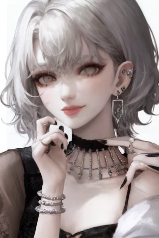 Pilyeon, Solo, 1girl, Black Nails, Jewelry, Short Hair, Look... — Stable Diffusion AI Prompt: pilyeon, solo, 1girl, black nails, jewelry, short hair, looking at viewer, choke...