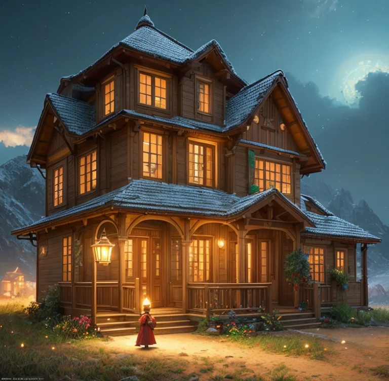 Russian Lonely House Christmas. Child With Lantern, Warm, In...