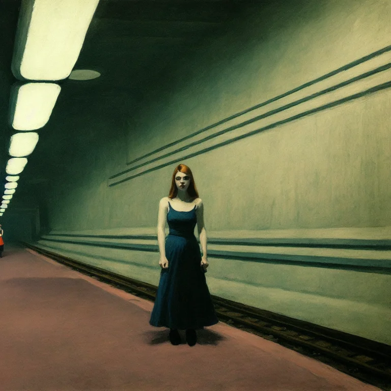 A Painting Of A Beautiful Woman Standing On A Platform At An...