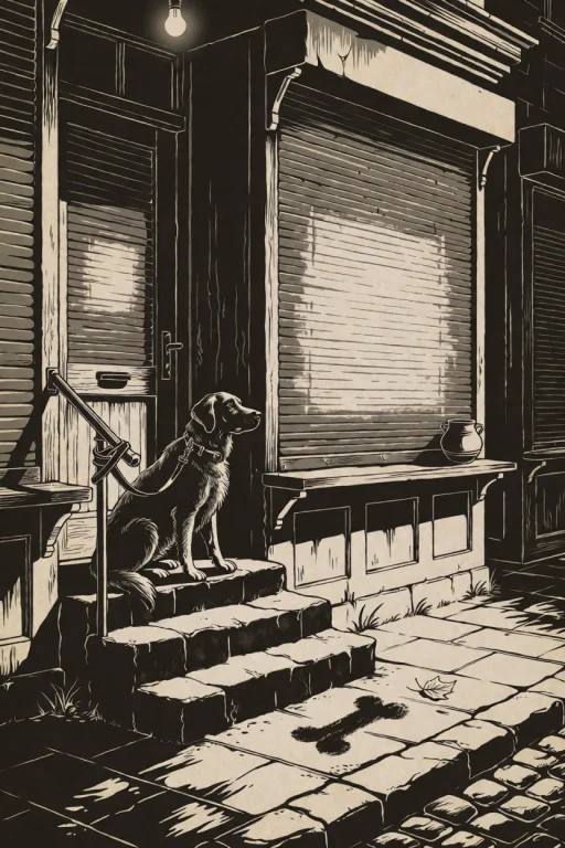 Da0klfe, Black And White Woodcut-style Illustration, A Dog S...