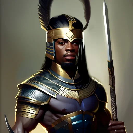 Warrior, Headdress, Holding Spear, Grey Background, Art By E...