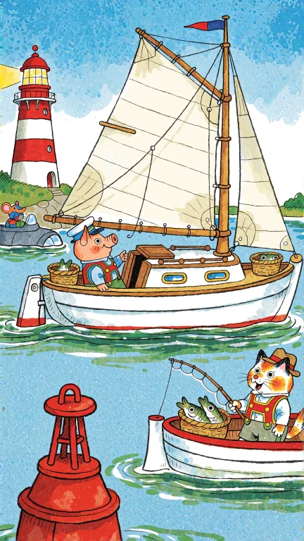 A Sailboat With A Pig Captain Sailing On Blue Water, A Fishi...