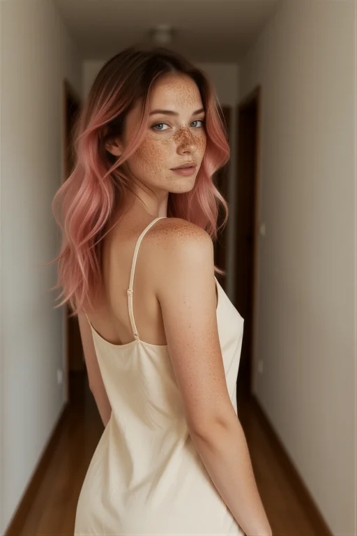 Pretty Woman With Pink-tinted Brown Hair And Freckles, Weari...
