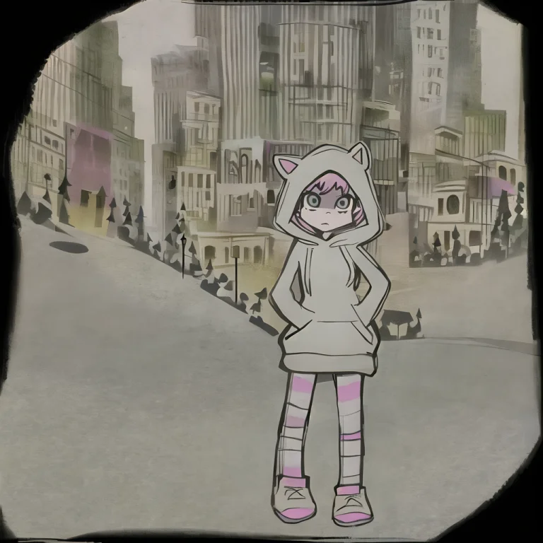 A Cartoon Drawing Of A Girl In Front Of A City In A Hoodie C...