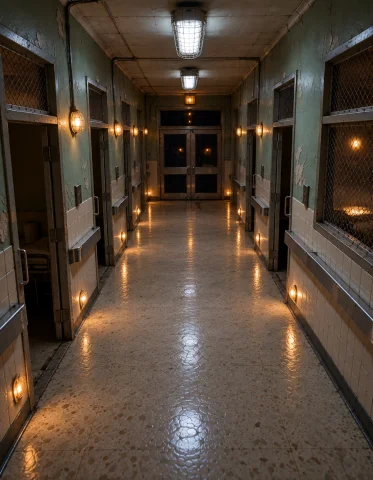 4sylum W4rd, Photorealistic, Wide Overhead Composition Of Th... — Stable Diffusion AI Prompt: 4sylum w4rd, photorealistic, wide overhead composition of the empty main psychia...