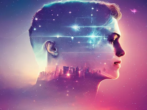 Dblx The Face Of A Humanoid Ai With Stars And Nebulas, Backg... — Stable Diffusion AI Prompt: dblx the face of a humanoid AI with stars and nebulas, background of grim futuri...