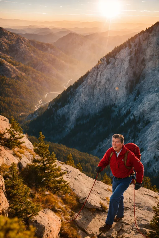 Photo Of Ronald Reagan Climbing A Moutain, Cinematic Lightin...