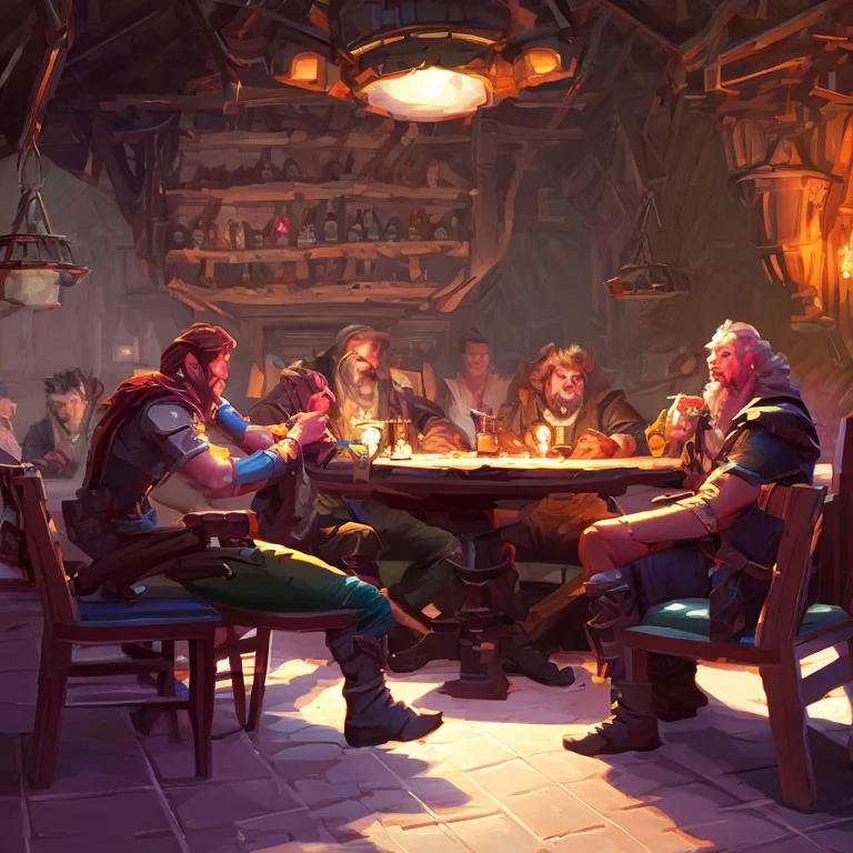 Interior Of A Fantasy Pub With Villians And Heroes Drinking...