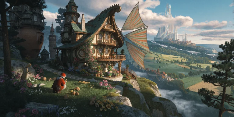 An Ultra-wide Fantasy Vista Looks Out From A Grassy Cliff To...