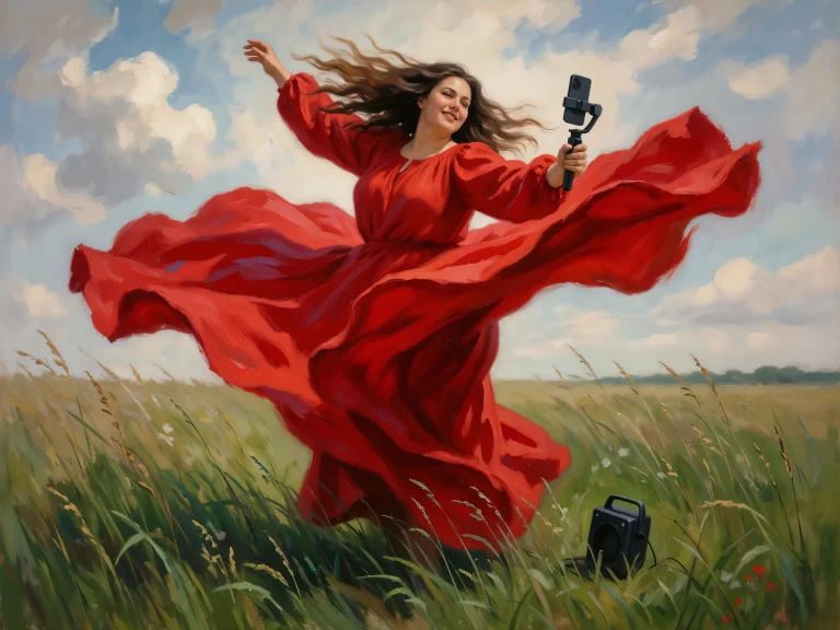 Woman In Red Dress Dancing In Field Holding Phone On Gimbal...