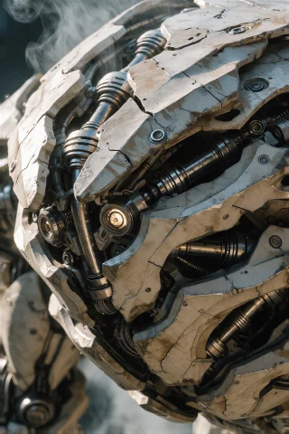 A Macro Shot Of A Mechanical Creatures Chest Cavity, Dense L... — Stable Diffusion AI Prompt: A macro shot of a mechanical creature's chest cavity, dense layered plating with...