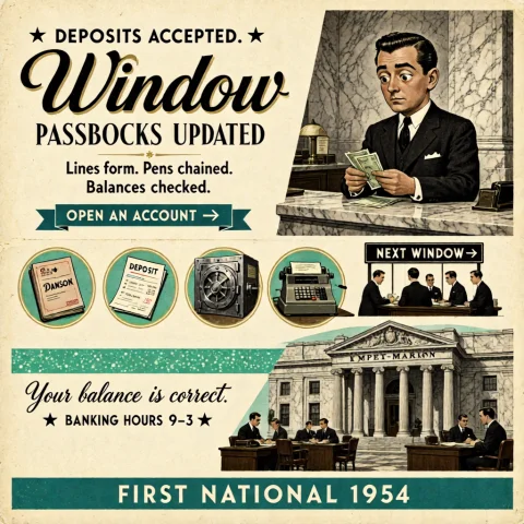A Retro 1950s Mid-century Savings-and-loan Brochure Homepage... — Stable Diffusion AI Prompt: A retro 1950s mid-century savings-and-loan brochure homepage… Hero: “★ DEPOSITS...