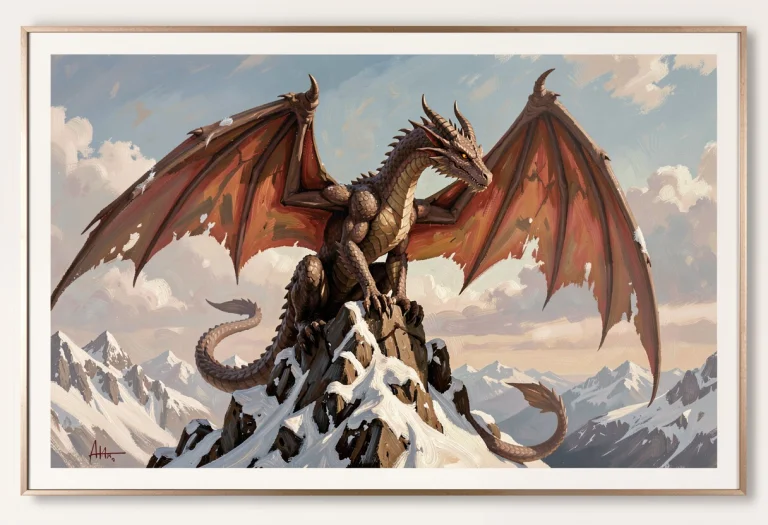 A Dragon Perched On A Wind-scoured Mountain Peak, Oil Painti...