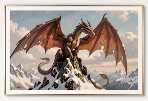 A Dragon Perched On A Wind-scoured Mountain Peak, Oil Painti... — Stable Diffusion AI Prompt: a dragon perched on a wind-scoured mountain peak, oil painting, studio lighting,...