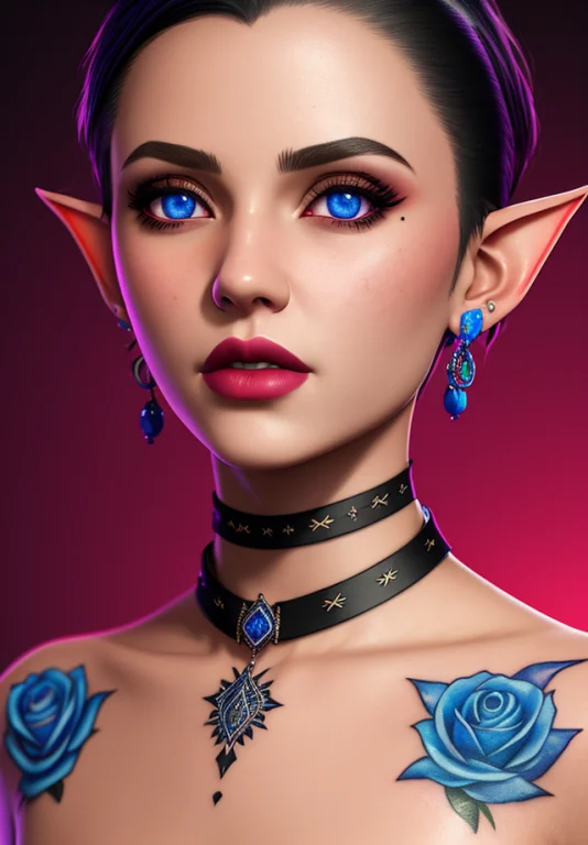 1girl, Backtattoo, Blackchoker, Blueeyes, Chesttattoo, Choke...
