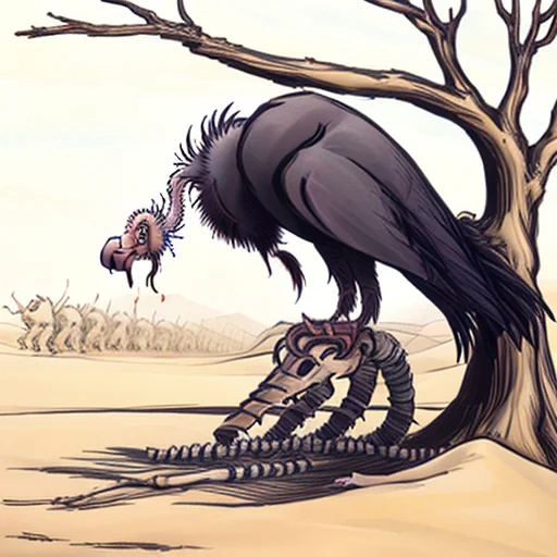 A Vulture Sits On The Branch Of A Dead Tree, Beneath Which L...
