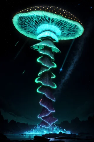 Giant Neon Bioluminescent Space Shroom Crab Between The Gala... — Stable Diffusion AI Prompt: giant neon bioluminescent space shroom crab between the galaxies,, 8k, 4k, (high...