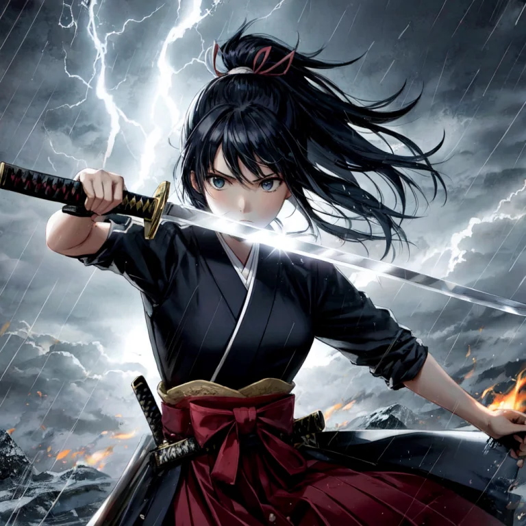 A Samurai Girl, Ponytail, Hakama, Fighting Stance, Katana, C...