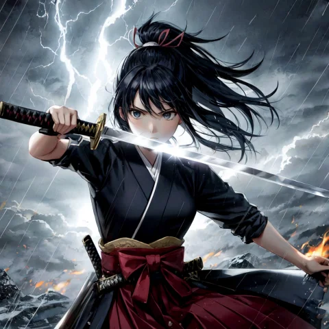 A Samurai Girl, Ponytail, Hakama, Fighting Stance, Katana, C... — Stable Diffusion AI Prompt: a samurai girl, ponytail, hakama, fighting stance, katana, cursed sword, stormy...