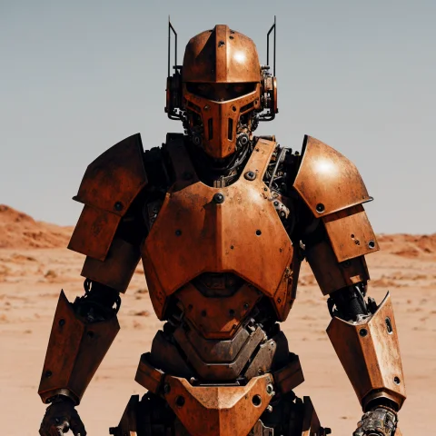 A Mechanical Cyborg Warrior, Partially Rusted Armor, Scorchi... — Stable Diffusion AI Prompt: a mechanical cyborg warrior, partially rusted armor, scorching heat, desert,