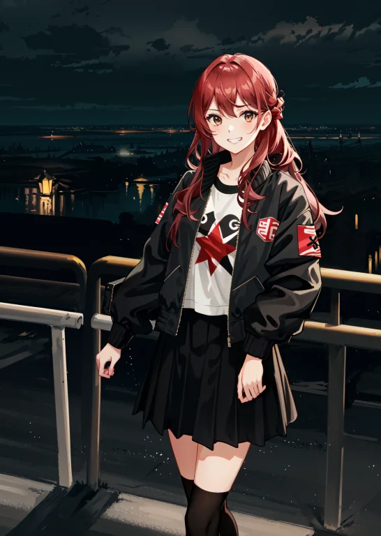 Solo, 1girl, Grin, Long Red Hair, Brown Eyes, Bomber Jacket,...