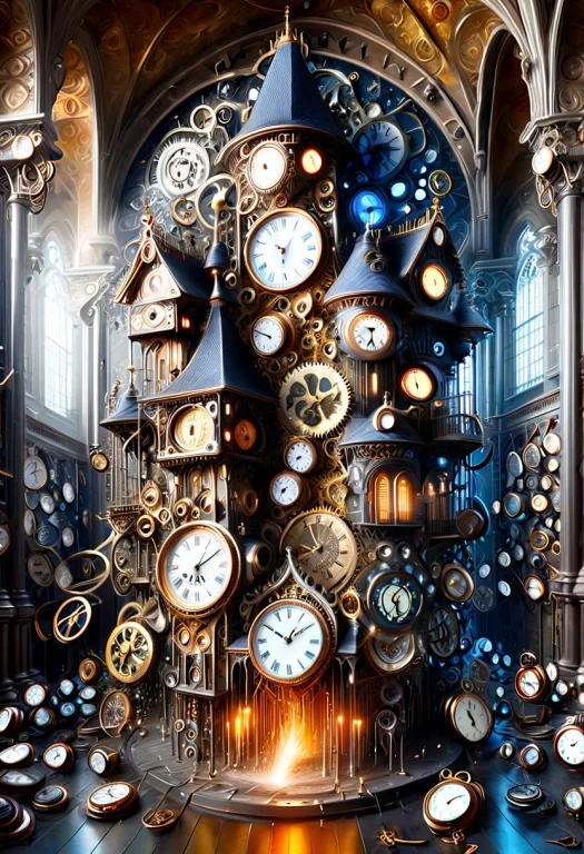 A Surreal Cathedral Of Time Built Entirely From Clocks. One...