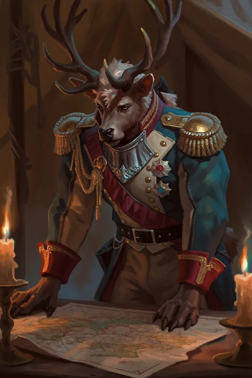 An Anthropomorphic Stag Colonel Bent Over A Map Table Inside...