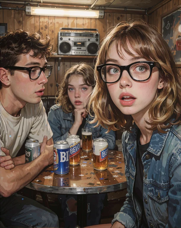 Three Friends At A Basement Party, A Startled One In Thick B...