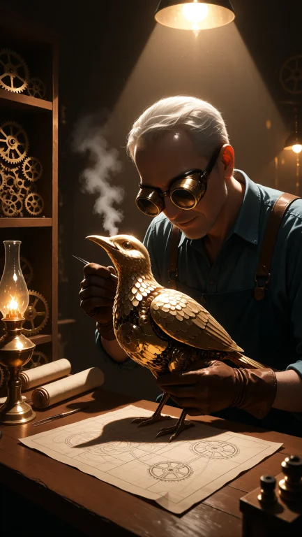 An Old Craftsman Wearing Brass Steampunk Goggles And Oil-sta...