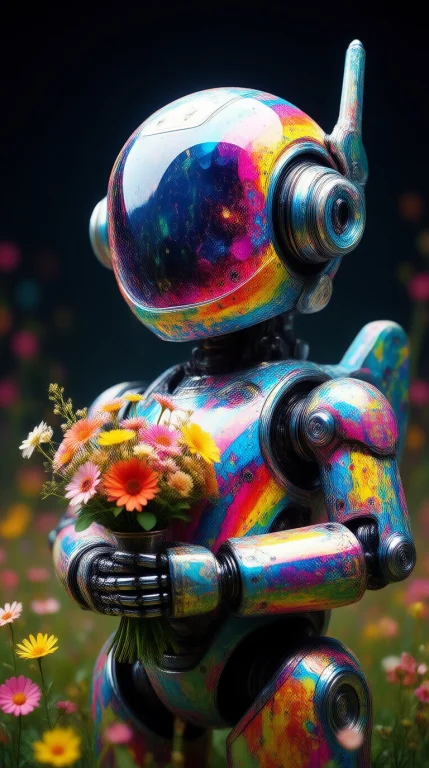 Rainbow Robot Holding Flowers