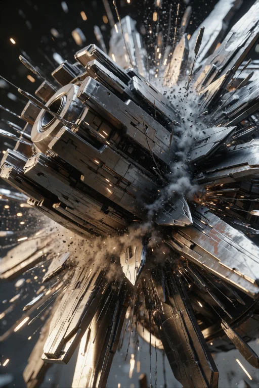 A Close-up Of Explosive Mechanical Debris Frozen Mid-scatter...