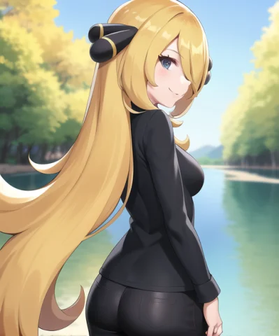 Lake, 1girl, Characterpokemoncynthia, Solo, Standing, From B... — Stable Diffusion AI Prompt: lake, 1girl, character_pokemon_cynthia, solo, standing, from behind, from side,...