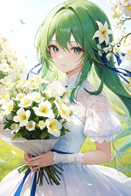 1girl, Solo, Flowers, Green Hair, White Flowers In Backgroun...