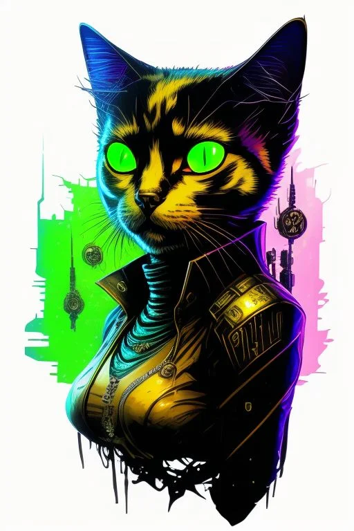 Portrait Of Cyberpunk Magic Skogkatt Cat With Green Eyes And...