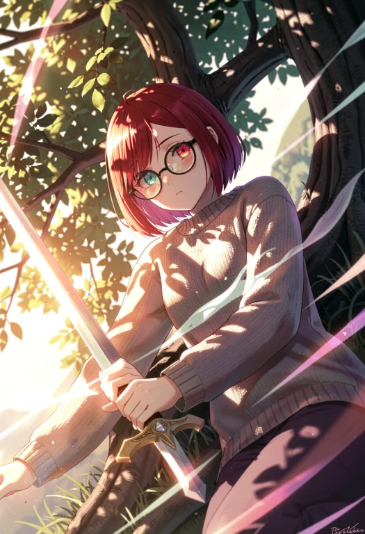 1girl, Solo, Bob Cut, Red Hair, Heterochromia, Sweater, Glas...