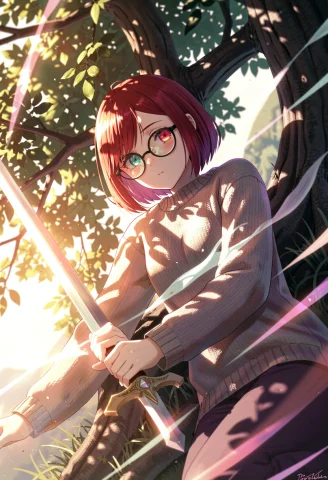 1girl, Solo, Bob Cut, Red Hair, Heterochromia, Sweater, Glas... — Stable Diffusion AI Prompt: 1girl, solo, bob cut, red hair, heterochromia, sweater, glasses, holding sword,...