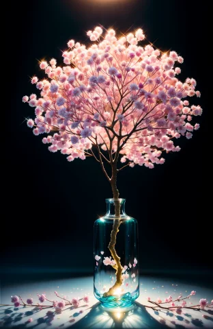 Sakura Tree In A Bottle, Fluffy, Realistic, Atmospheric Ligh... — Stable Diffusion AI Prompt: sakura tree in a bottle, fluffy, realistic, atmospheric light refraction, by lee...