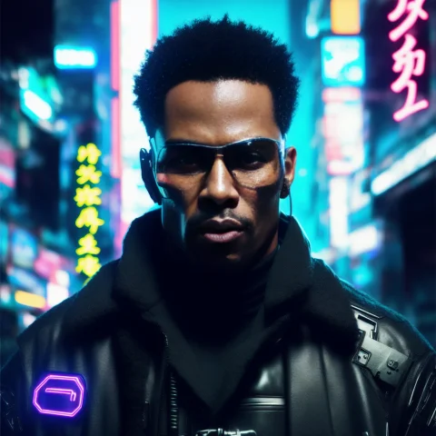 Realistic Black Man In A Black Coat Cyberpunk In A Japanese... — Stable Diffusion AI Prompt: realistic black man in a black coat cyberpunk in a japanese neon city, beaufiful...